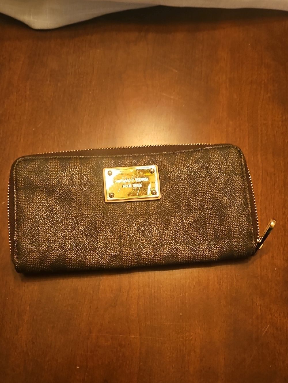 Michael Kors Chocolate Brown Textured Zip Wallet with Gold Plaque